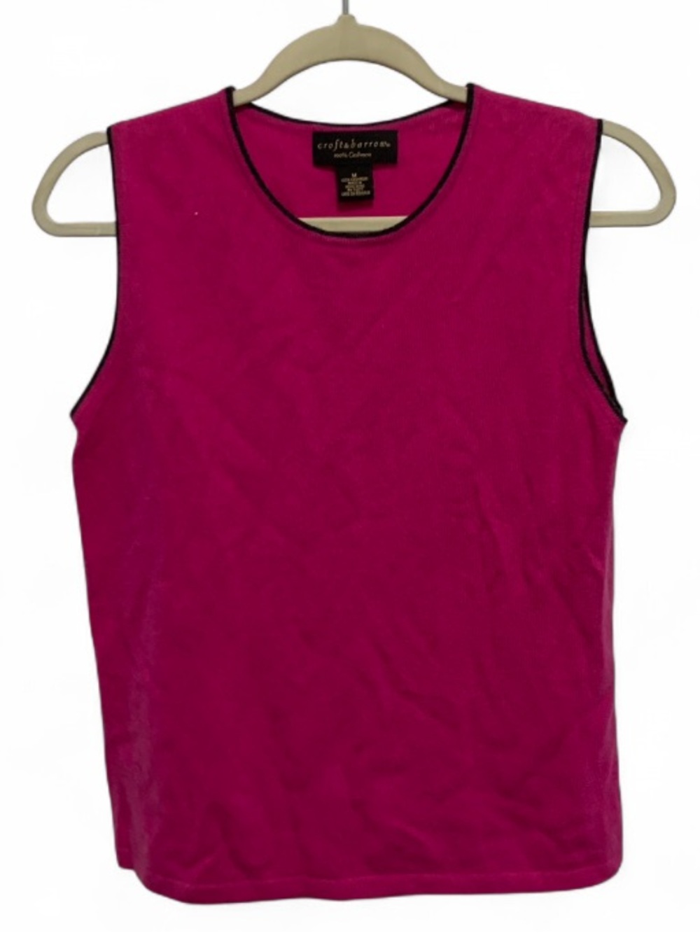 Croft and Barrow 100% Cashmere Bright Fuchsia Gray Trim Sleeveless Sweater